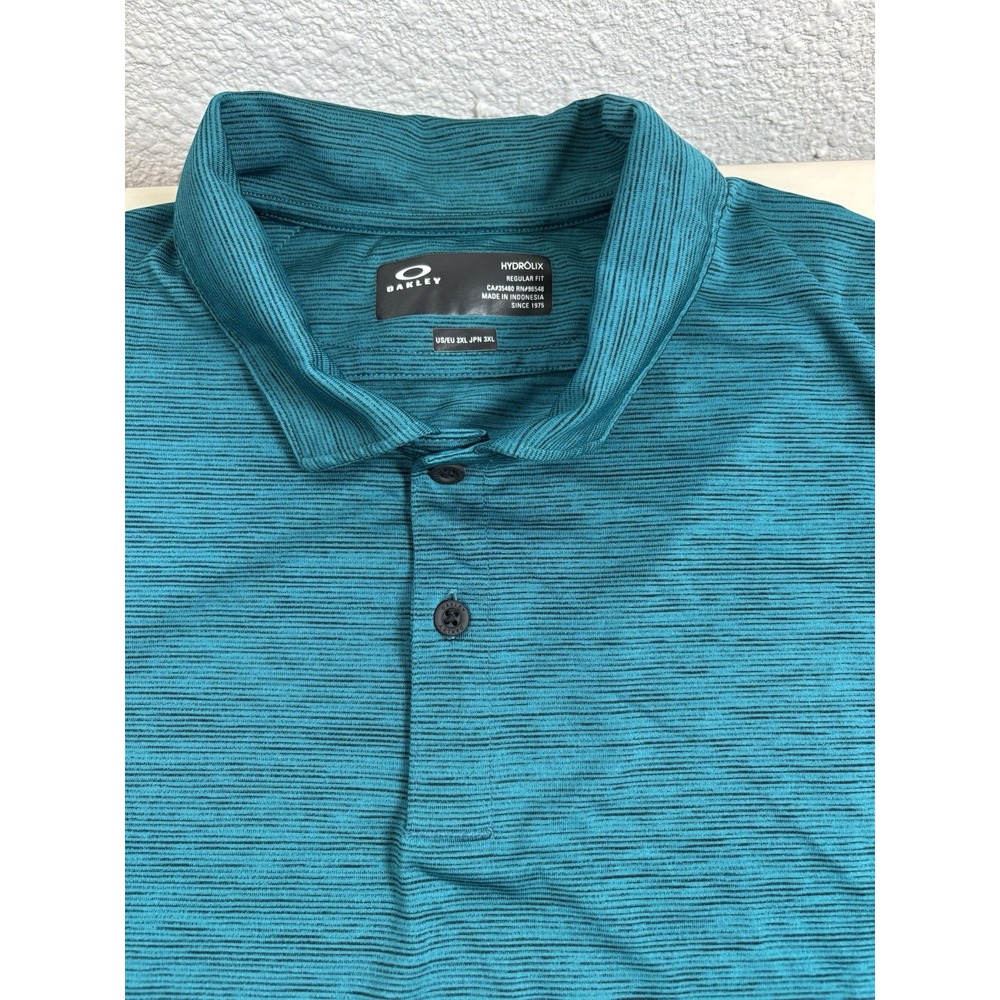 Oakley Hydrolix Reg Fit Polo Shirt Mens 2XL, Teal/Black Golf UV Protection Logo - Picture 4 of 7
